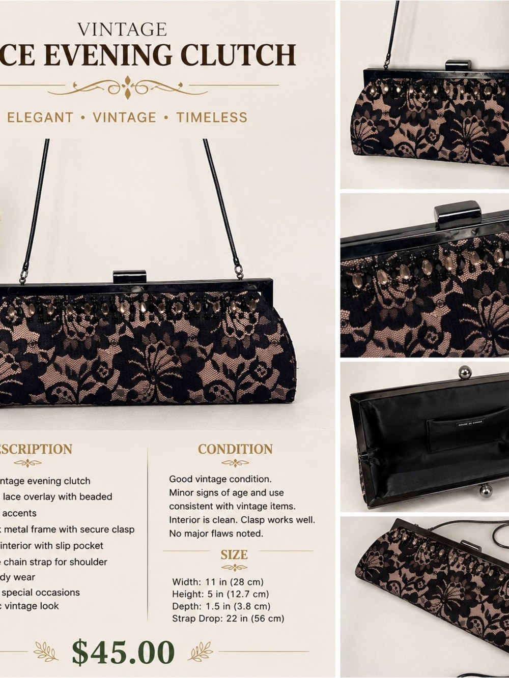 Vintage Black Lace Evening Clutch – Elegant Black and Nude Shoulder Bag